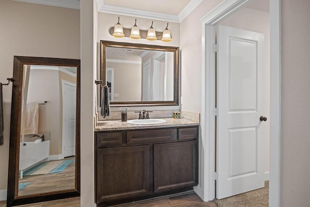 bathroom with vanity, crown molding, and wood-type flooring