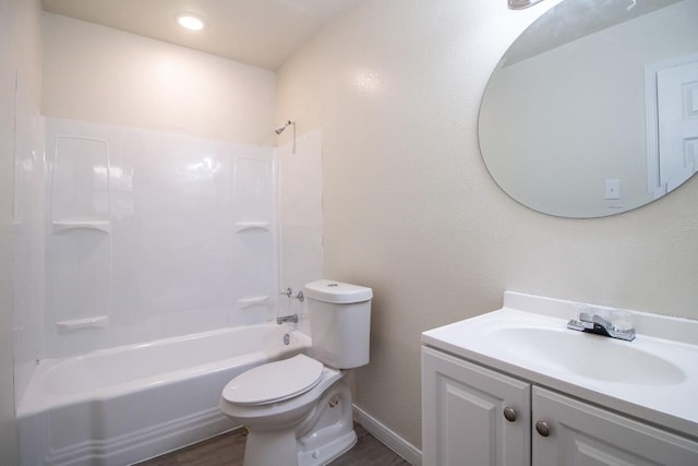 full bathroom featuring wood-type flooring, vanity,  shower combination, and toilet