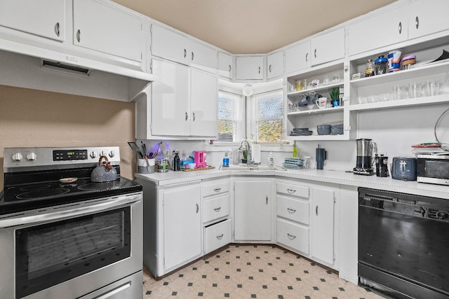 kitchen with white cabinetry, dishwasher, sink, and stainless steel electric range