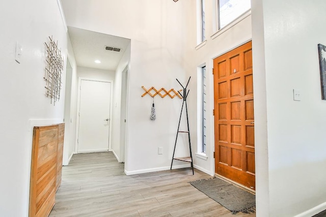 entrance foyer with a high ceiling and light wood-type flooring