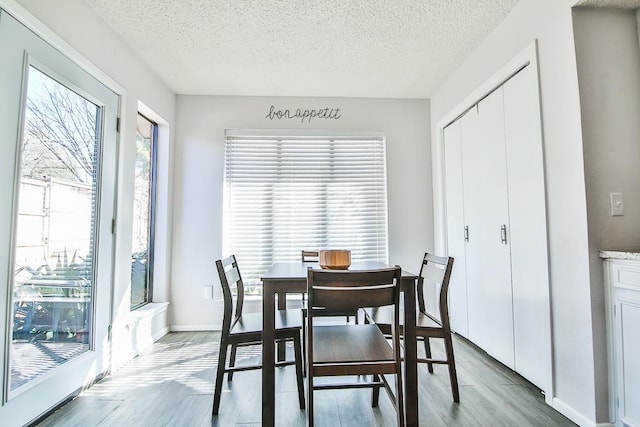 dining room featuring a textured ceiling and light wood-type flooring