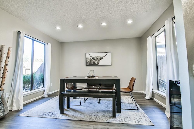 dining room with dark wood-type flooring, a textured ceiling, and a wealth of natural light