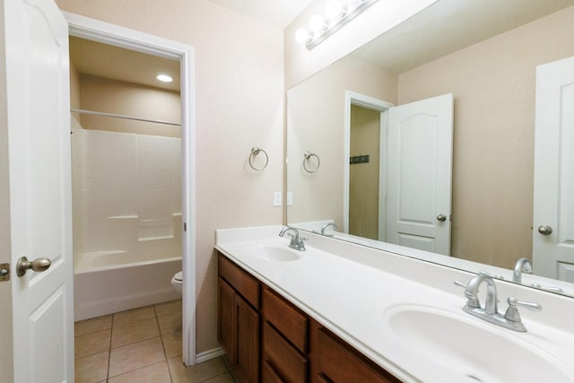 full bathroom featuring tile patterned flooring, vanity, shower / washtub combination, and toilet