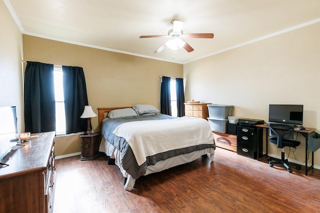 bedroom featuring crown molding, dark hardwood / wood-style floors, and ceiling fan