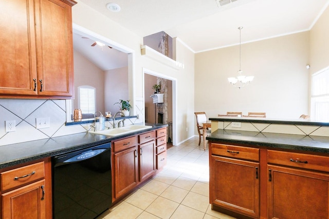 kitchen featuring dishwasher, sink, backsplash, hanging light fixtures, and an inviting chandelier