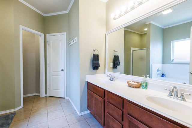 bathroom with crown molding, vanity, separate shower and tub, and tile patterned flooring