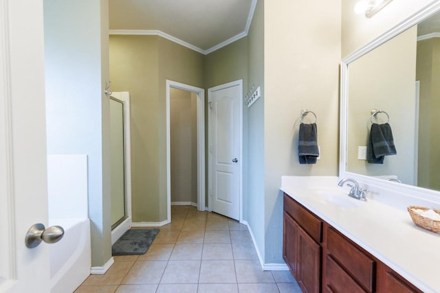 bathroom featuring an enclosed shower, tile patterned flooring, crown molding, and vanity