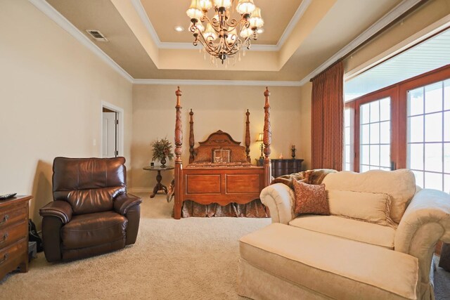 interior space with crown molding, a raised ceiling, a chandelier, and carpet