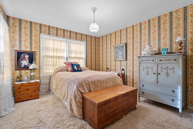 carpeted bedroom with a textured ceiling