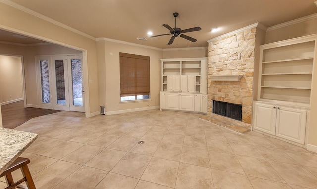 3909 101st St, Lubbock, TX 79423 - unfurnished living room with ornamental molding, a fireplace, and ceiling fan