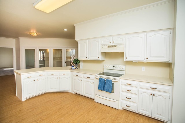 kitchen with white cabinetry, light wood-type flooring, and white range with electric stovetop