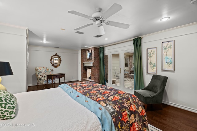 5118 2nd St, Lubbock, TX 79416 - bedroom with wood finished floors, a fireplace, access to exterior, ornamental molding, and ceiling fan
