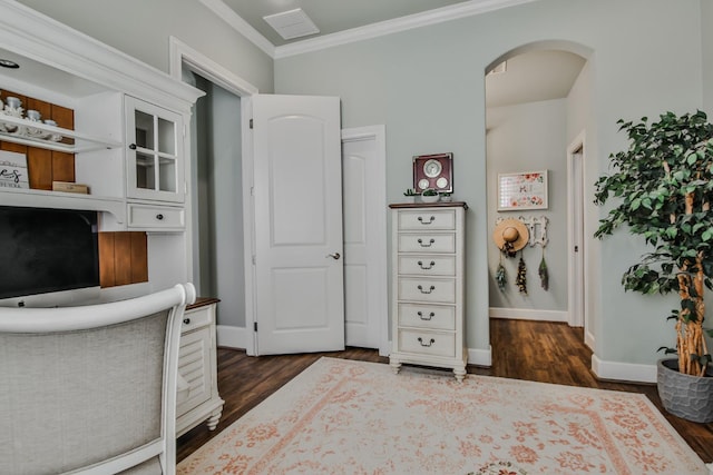 home office featuring crown molding and dark wood-type flooring