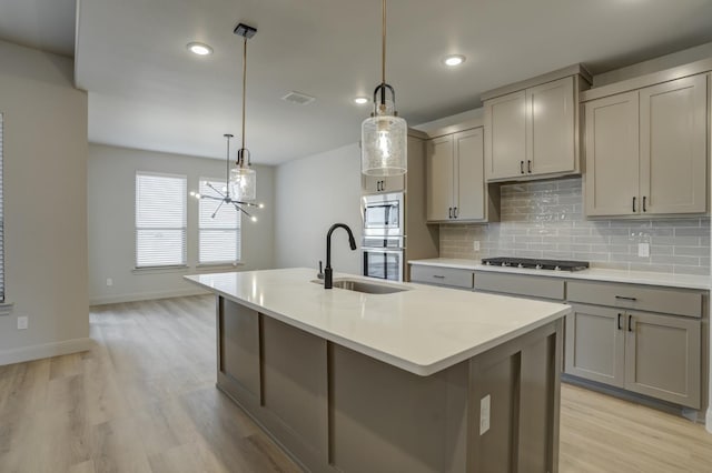 kitchen featuring pendant lighting, sink, gray cabinets, stainless steel appliances, and an island with sink