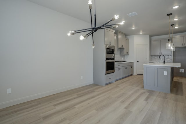 kitchen with sink, tasteful backsplash, a center island with sink, pendant lighting, and stainless steel appliances