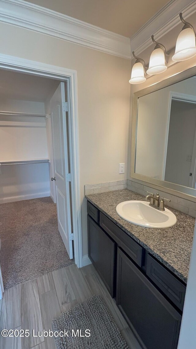 7501 100th St, Lubbock, TX 79424 - bathroom featuring crown molding, vanity, and wood finished floors