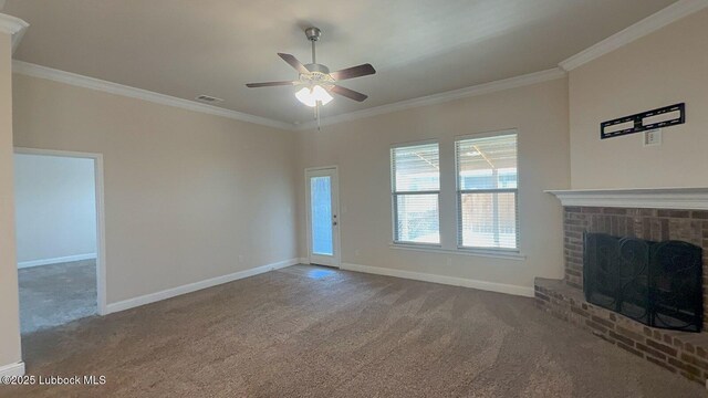 7501 100th St, Lubbock, TX 79424 - unfurnished living room with carpet, crown molding, ceiling fan, and a fireplace