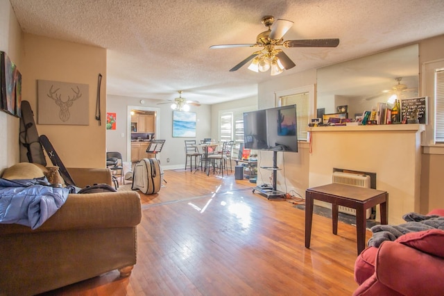 living room with hardwood / wood-style flooring and a textured ceiling