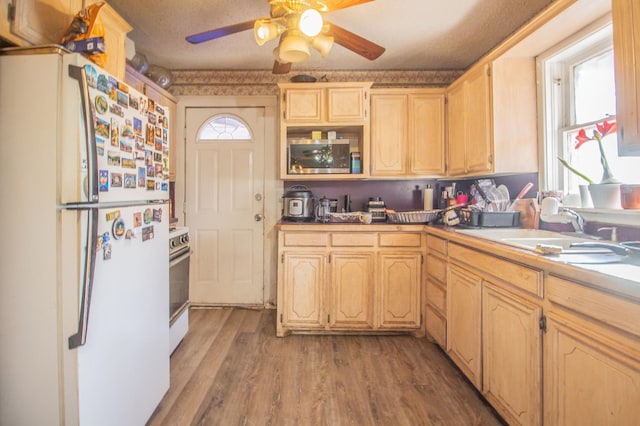 kitchen with light brown cabinetry, sink, wood-type flooring, range, and white fridge