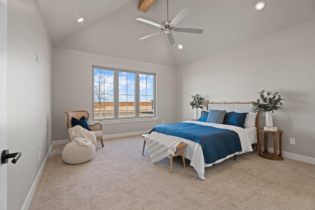 bedroom featuring high vaulted ceiling, light colored carpet, and ceiling fan