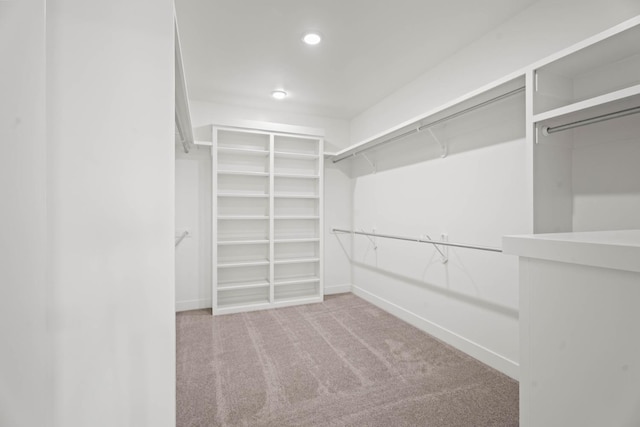 walk in closet with light colored carpet