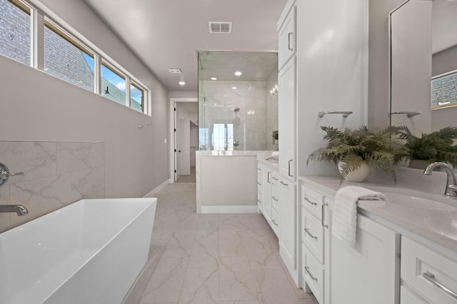 bathroom featuring vanity and separate shower and tub