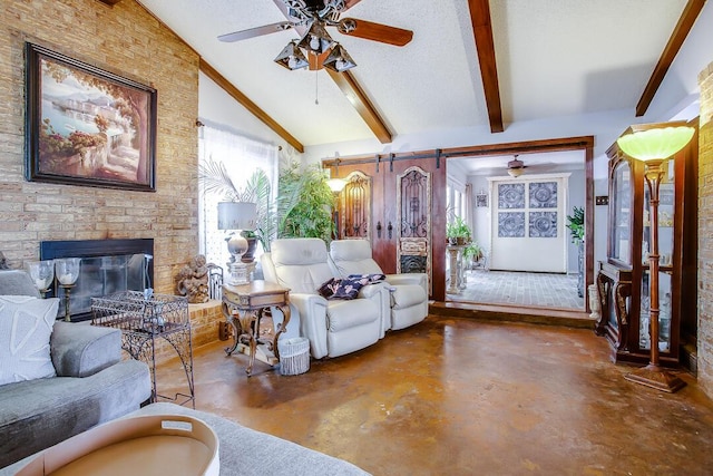 5411 89th St, Lubbock, TX 79424 - living area featuring ceiling fan, concrete flooring, and a fireplace
