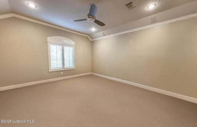 9807 Topeka Ave, Lubbock, TX 79424 - empty room with crown molding, visible vents, recessed lighting, and lofted ceiling