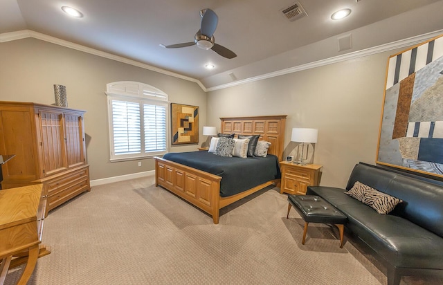 9807 Topeka Ave, Lubbock, TX 79424 - bedroom with crown molding, baseboards, visible vents, and lofted ceiling