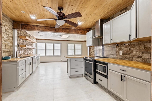 kitchen featuring appliances with stainless steel finishes, white cabinetry, wood counters, kitchen peninsula, and wall chimney exhaust hood