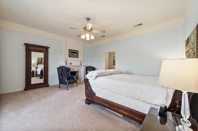 carpeted bedroom featuring ceiling fan