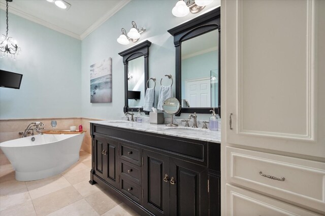 bathroom featuring vanity, a tub, ornamental molding, and tile walls