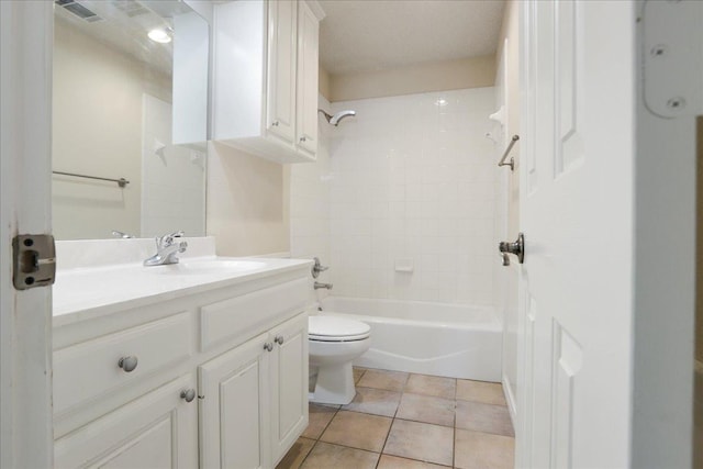 full bathroom featuring tile patterned flooring, vanity, tiled shower / bath combo, and toilet