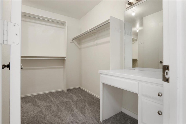 spacious closet with dark colored carpet