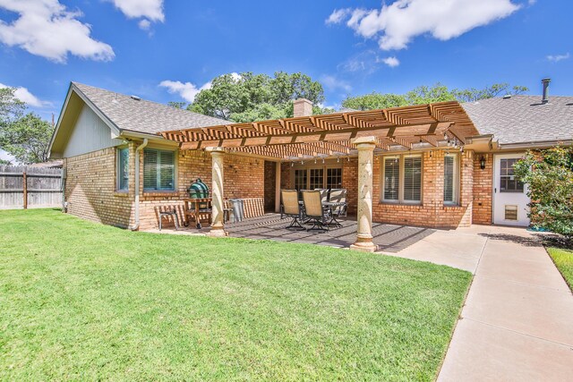 5419 87th St, Lubbock, TX 79424 - back of property with a pergola, brick siding, a patio, a shingled roof, and a chimney