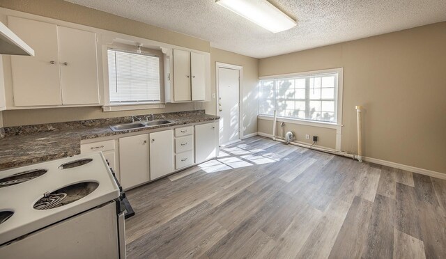 kitchen featuring white cabinetry, white electric range oven, range hood, and light wood-type flooring