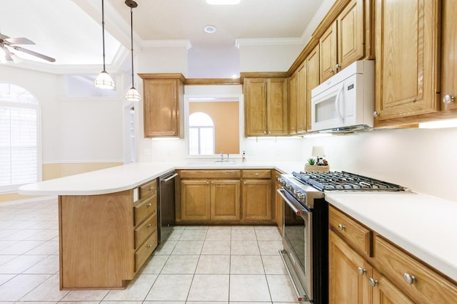 kitchen featuring light tile patterned floors, crown molding, appliances with stainless steel finishes, decorative light fixtures, and kitchen peninsula