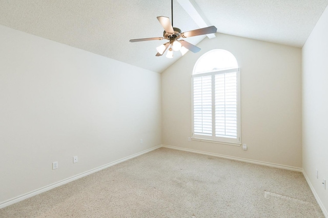 unfurnished room with light carpet, a textured ceiling, vaulted ceiling, and ceiling fan