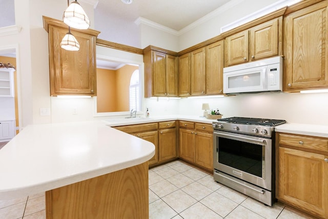 kitchen with stainless steel range with gas cooktop, pendant lighting, light tile patterned floors, kitchen peninsula, and crown molding