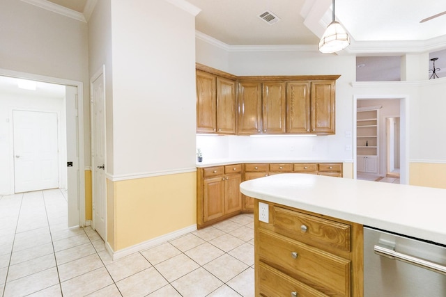 kitchen with hanging light fixtures, ornamental molding, dishwasher, and light tile patterned floors