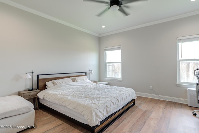 7008 17th St, Lubbock, TX 79416 - bedroom with light wood-type flooring, crown molding, recessed lighting, and a ceiling fan