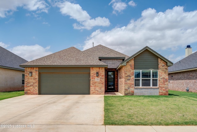 7008 17th St, Lubbock, TX 79416 - view of front facade featuring an attached garage, roof with shingles, a front yard, concrete driveway, and brick siding