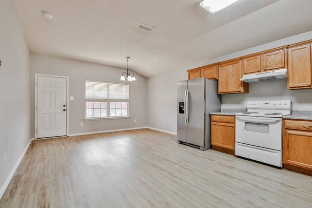 kitchen with pendant lighting, white electric range, light hardwood / wood-style floors, and stainless steel fridge with ice dispenser