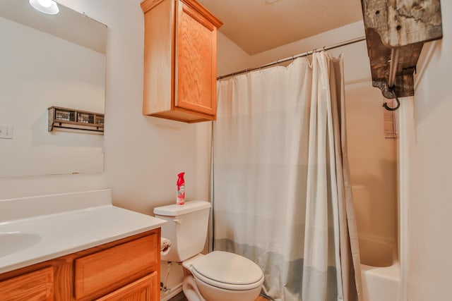 full bathroom with vanity, shower / bathtub combination with curtain, a textured ceiling, and toilet