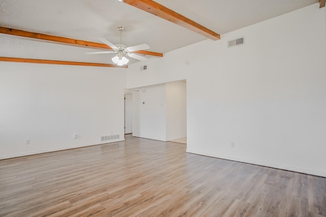 spare room featuring light hardwood / wood-style flooring, lofted ceiling with beams, and ceiling fan