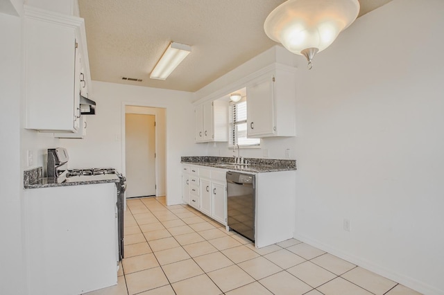 kitchen with sink, gas stove, a textured ceiling, black dishwasher, and white cabinets