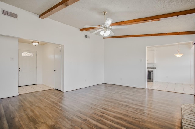 unfurnished living room featuring lofted ceiling with beams, ceiling fan, a textured ceiling, and light hardwood / wood-style floors