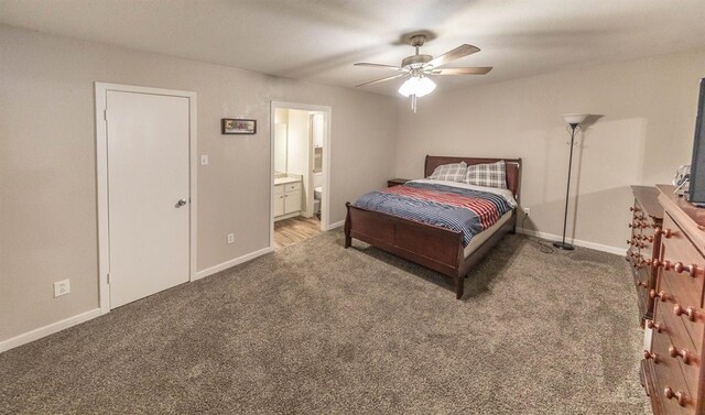 bedroom featuring connected bathroom, ceiling fan, and carpet flooring