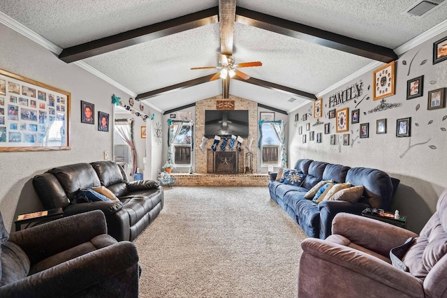 carpeted living room featuring crown molding, a healthy amount of sunlight, vaulted ceiling with beams, and a textured ceiling