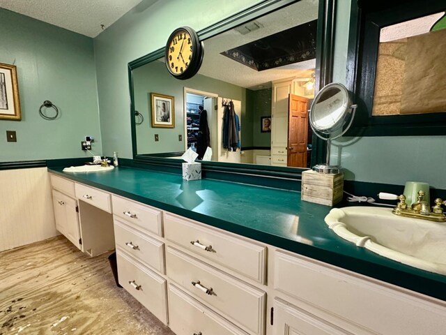 bathroom with vanity, wood-type flooring, and a textured ceiling